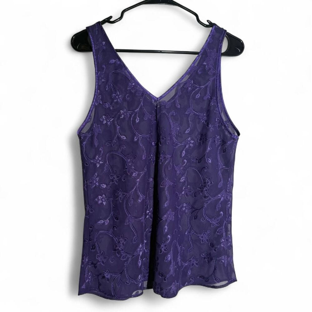 VINTAGE Bisou Bisou sheer purple embroidered lace tank top and shorts PJ set - Picture 5 of 8